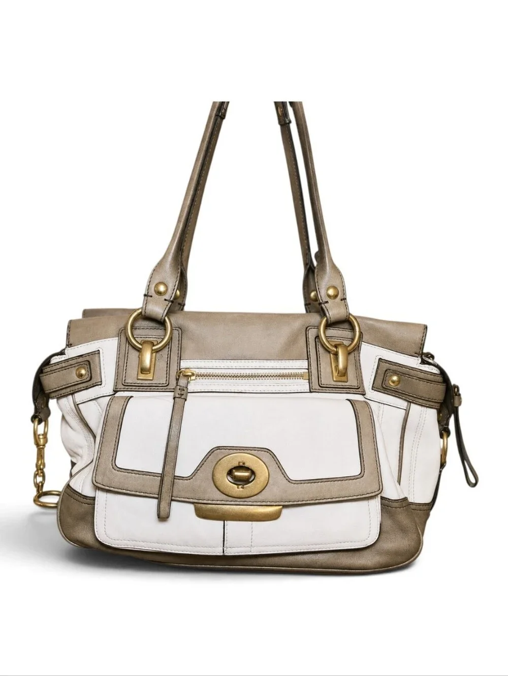 Coach Spectator Shoulder Bag White Beige Leather Gold Turnlock GUC